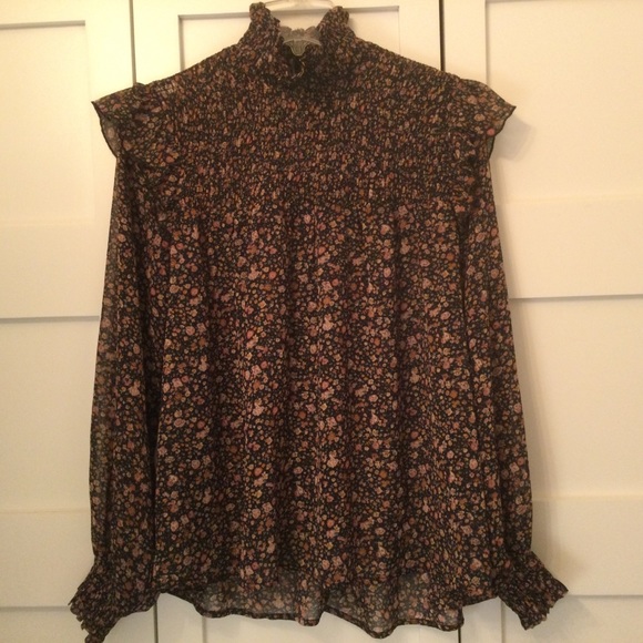 Dark Floral Semi-Sheer Smocked High Neck Ruffle Shoulder Blouse NWT - Picture 4 of 7